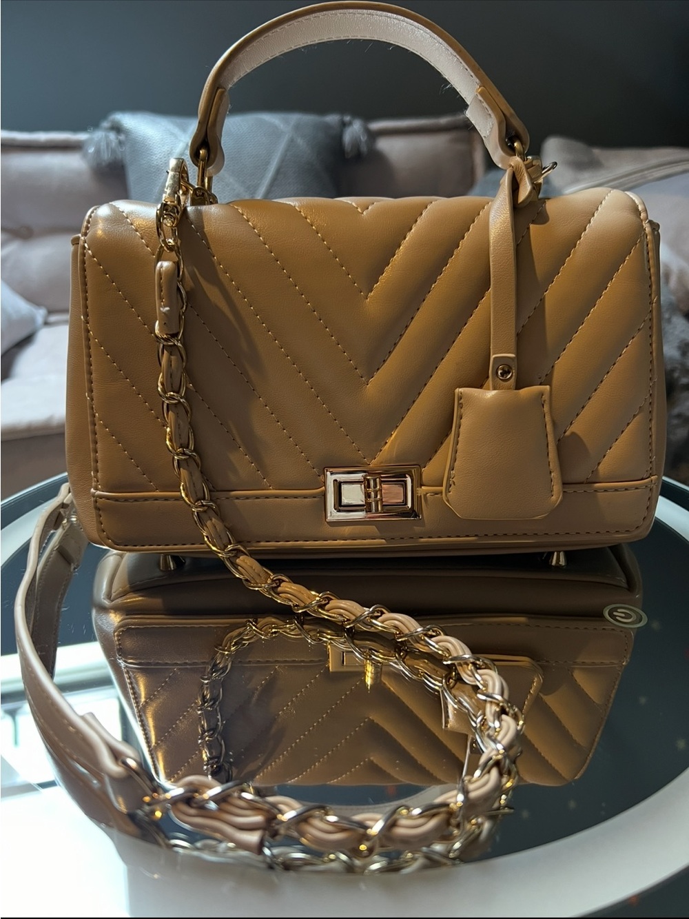 Quilted Top-Handle Shoulder Bag in Camel